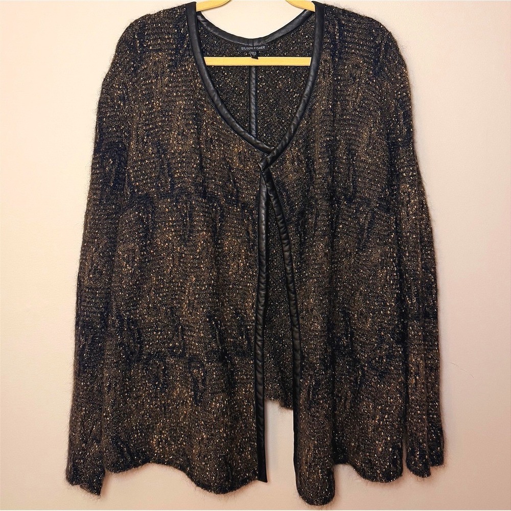 Eileen Fisher Cardigan Sweater Black Gold Mohair Blend Leather Trim Open SZ L